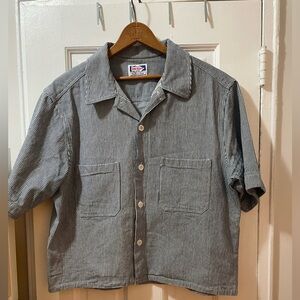 Cropped Dunn shirt by Rosa rugosa in Hickory Stripe. made in Canada.
